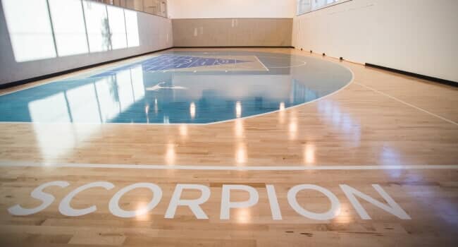 Basketball court with Scorpion name on the floor